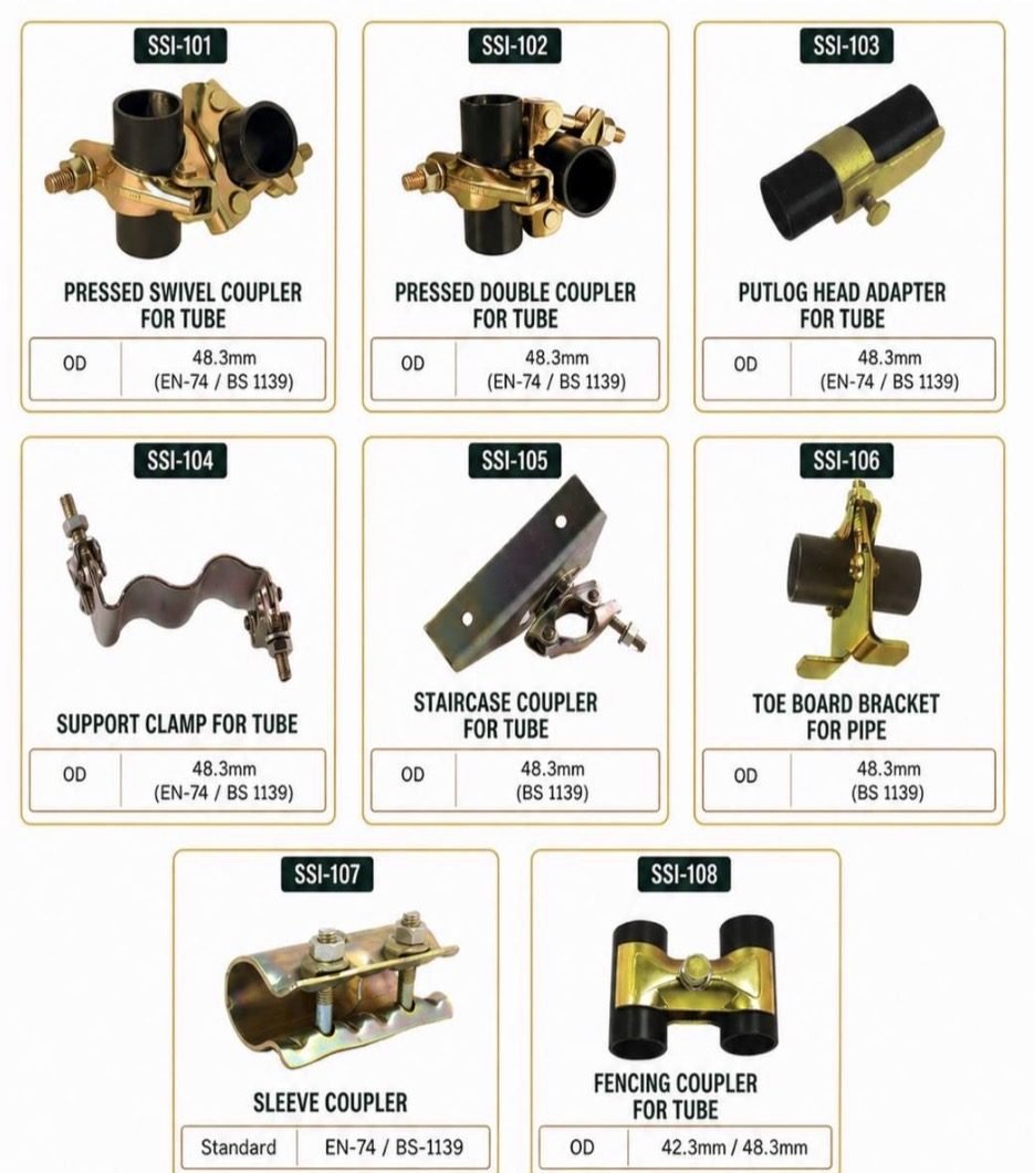 Pressed swivel, double, putlog, support clamp, staircase, sleeve and fencing couplers with OD and standards
