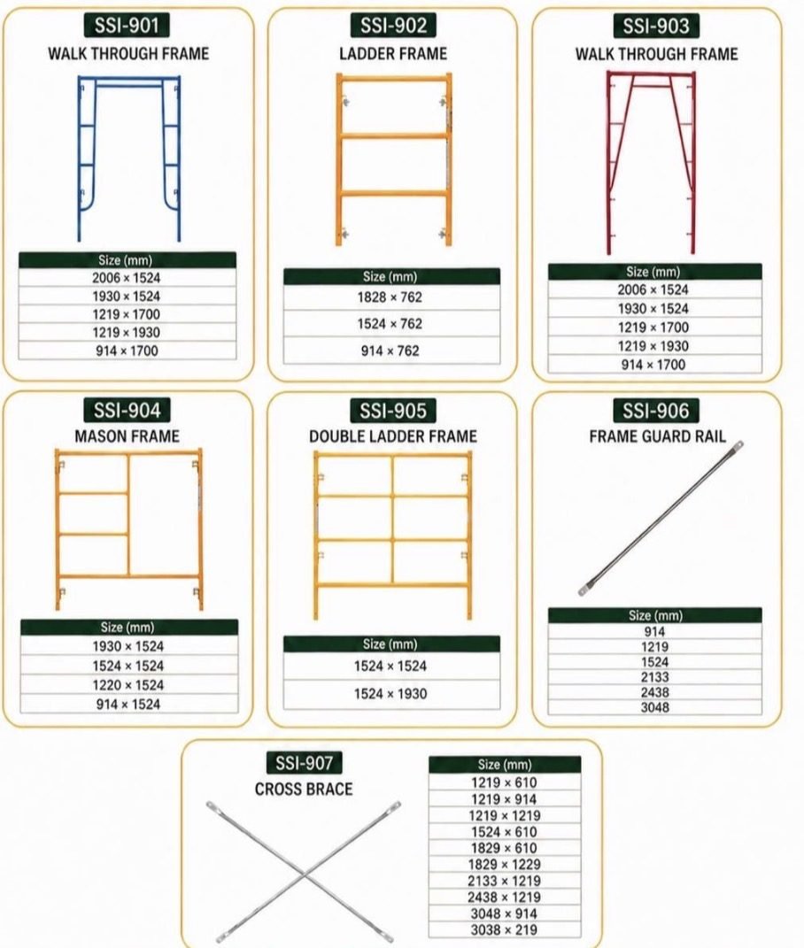 Walk through, ladder, mason and double ladder frames with frame guard rail and cross brace sizes