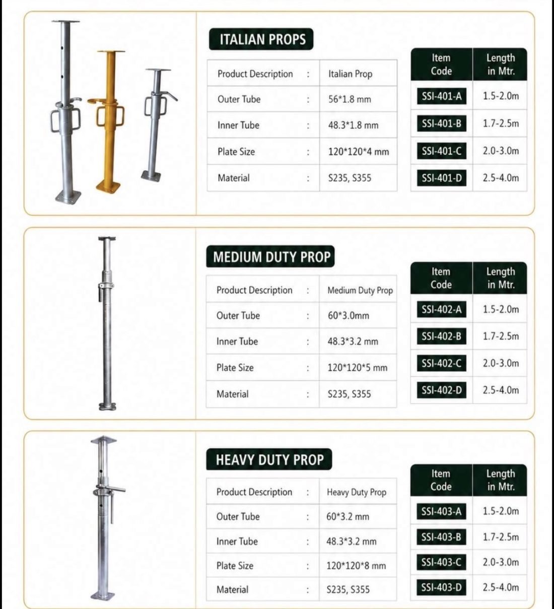 Steel Props and Shoring specification sheet
